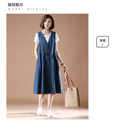 质量  春夏；女；无袖牛仔背带裙；V领；中长款；大码；宽松；A字；牛仔背心连衣裙 工厂